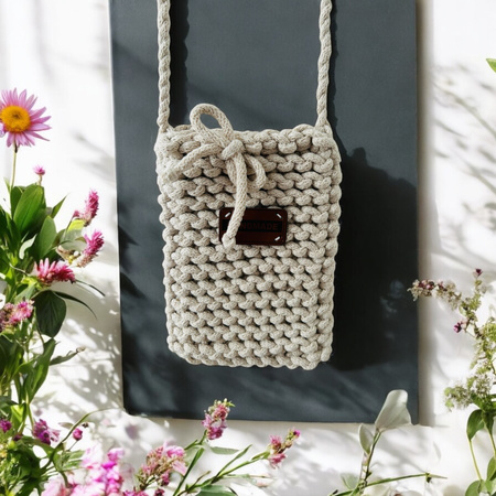 Ręcznie robione etui na telefon, mini torebka ze sznurka bawełnianego piaskowe