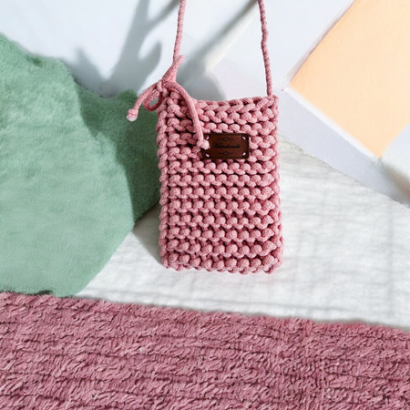 Ręcznie robione etui na telefon, mini torebka ze sznurka bawełnianego pudrowy róż