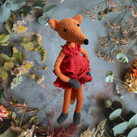 Duży szydełkowy lisek w sukience 34 cm