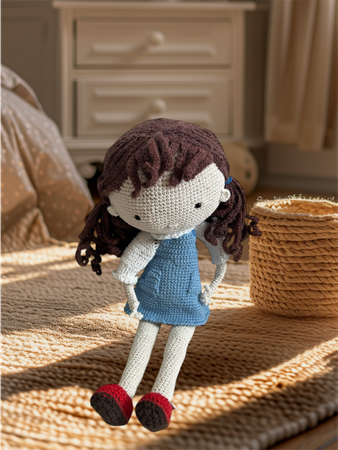 Duża szydełkowa lalka w sukience w kucykach 42 cm